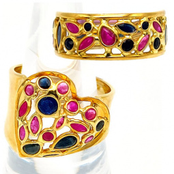 Heart & Love Design | Two Ruby & Sapphire Rings | 18K Yellow Gold